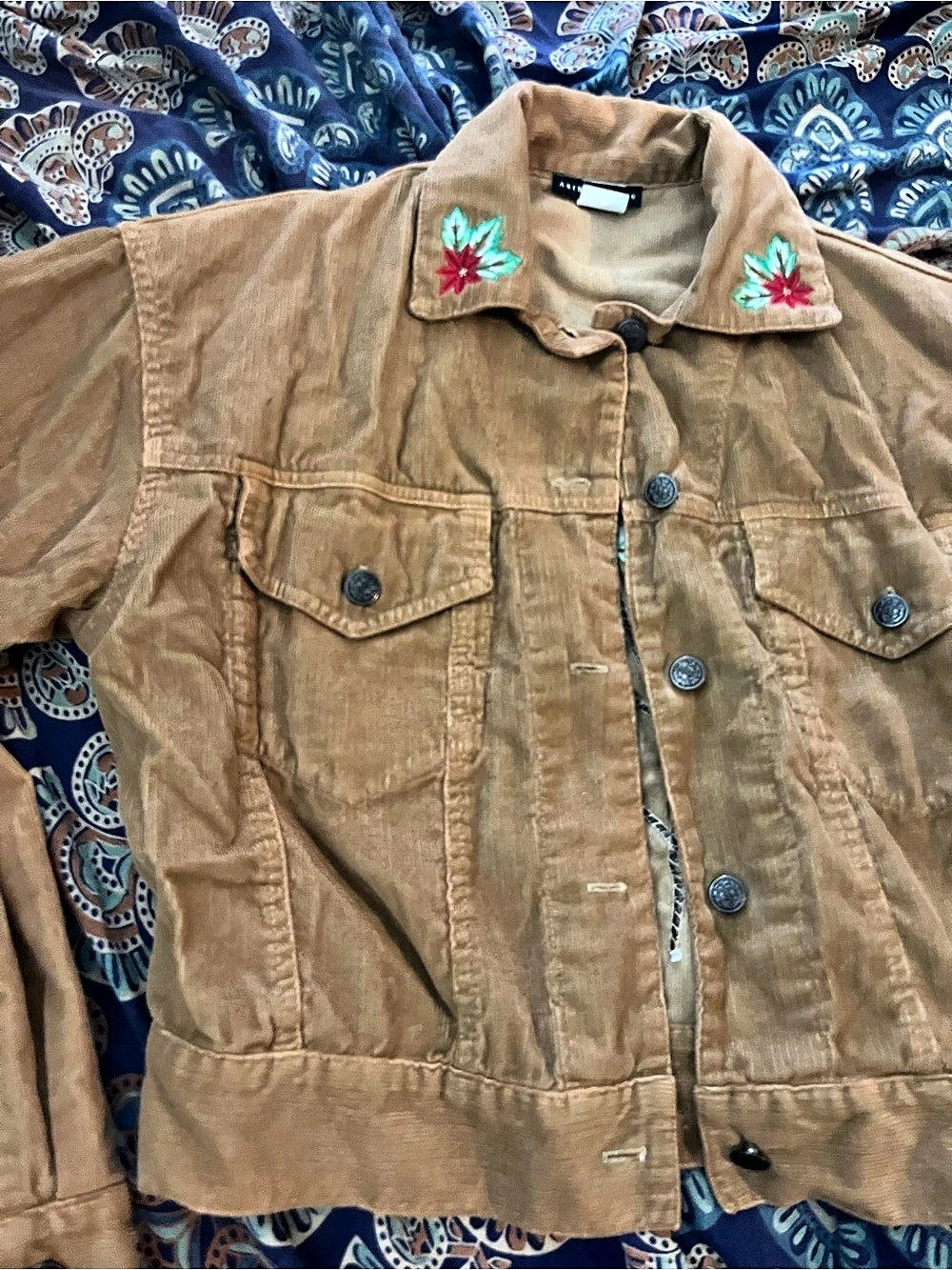 Anthropologie Floral Embroidered Corduroy Jacket Brown